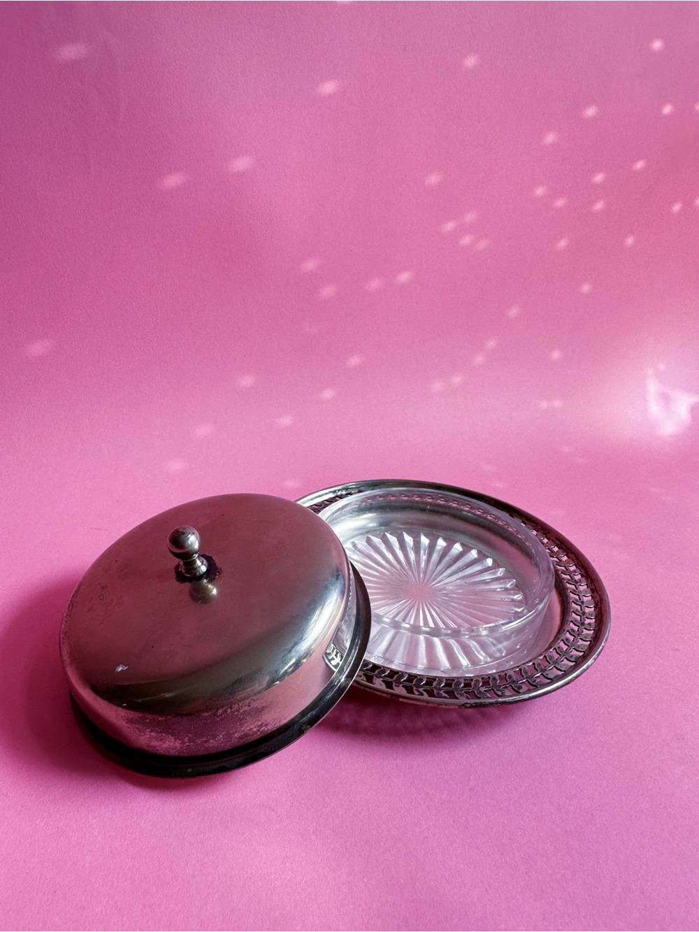 Vintage Silver-Tone Decorative Butter Dish with Lid & Glass Dish